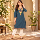 Women's Kashmiri Kurtis with Floral Neck Work & 3/4 Sleeves (Embroidery - peach/blue