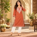 Women's Kashmiri Kurtis with Floral Neck Work & 3/4 Sleeves (Embroidery - Terracotta Orange