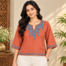 Women's Kashmiri Kurtis with Floral Neck Work & 3/4 Sleeves (Embroidery - Terracotta Rust/ Blue