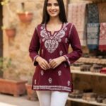 Women's  Chikankari Modal Kurtis with  Threadwork, Notched Neckline and Full Sleeves - Maroon