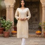 Women's  Chikankari Modal Kurtis with  Threadwork, Notched Neckline and Full Sleeves - Beige