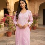Women's  Chikankari Modal Kurtis with  Threadwork, Notched Neckline and Full Sleeves - Pastel Pink
