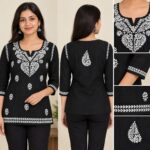 Women's  Floral Chikankari Cotton Kurti with 3/4 Sleeves and  Thread Work - Black/White