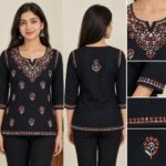 Women's  Floral Chikankari Cotton Kurti with 3/4 Sleeves and  Thread Work - Black/Rust orange