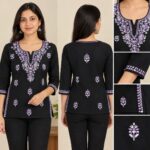 Women's  Floral Chikankari Cotton Kurti with 3/4 Sleeves and  Thread Work - Black/purple