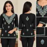 Women's  Floral Chikankari Cotton Kurti with 3/4 Sleeves and  Thread Work - Black/mint green