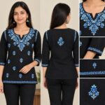 Women's  Floral Chikankari Cotton Kurti with 3/4 Sleeves and  Thread Work - Black/Blue