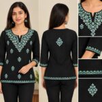Women's  Floral Chikankari Cotton Kurti with 3/4 Sleeves and  Thread Work - Black/Green