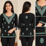 Women's  Floral Chikankari Cotton Kurti with 3/4 Sleeves and  Thread Work - Black/Mint Blue