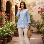 Women's  Chikankari Modal Kurtis with  Threadwork, Notched Neckline and Full Sleeves - Sky Blue